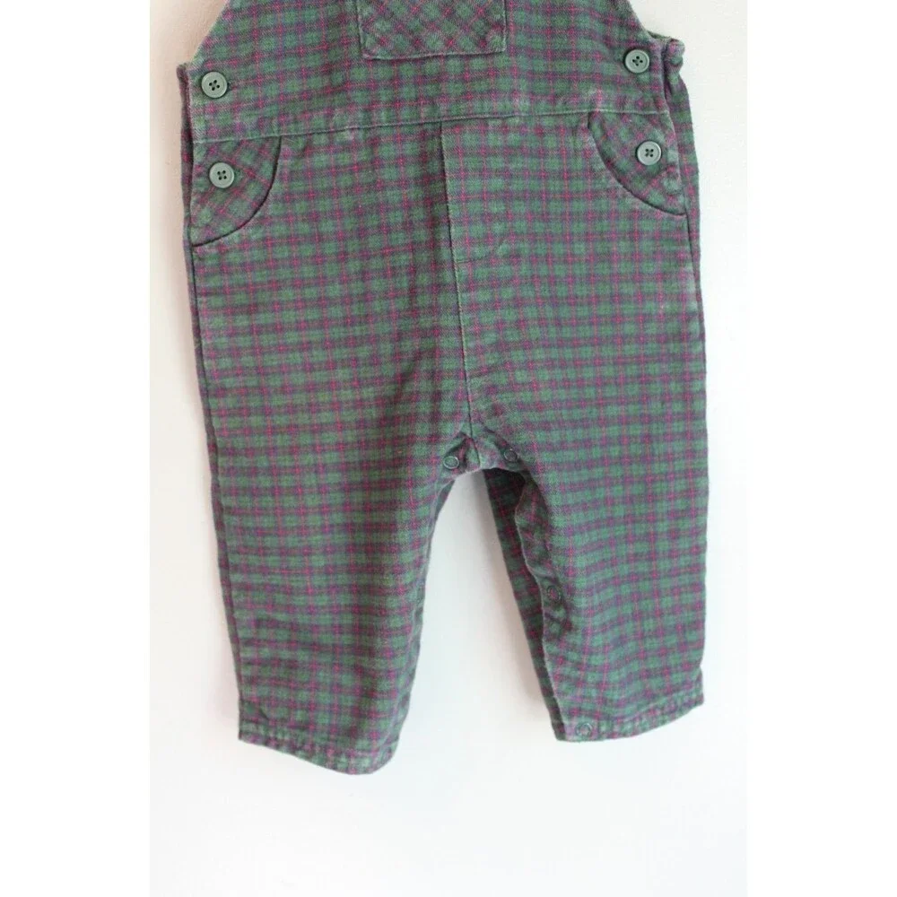 Vintage Starting Out Plaid Green Baby Overalls Size 9M 100% Cotton